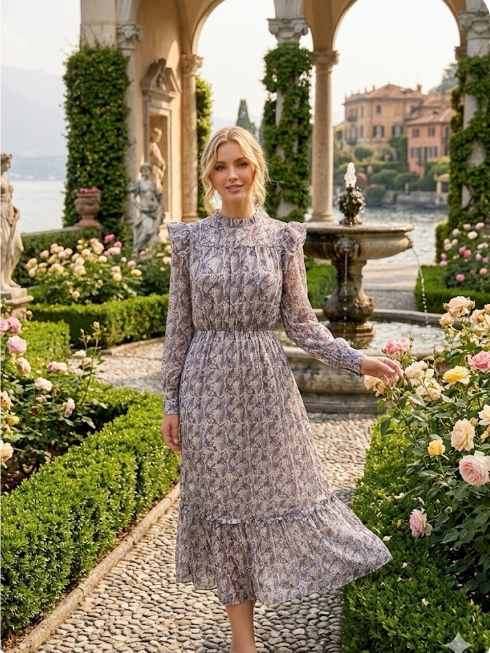 Greylin Lavender Floral Long Sleeve Midi Dress